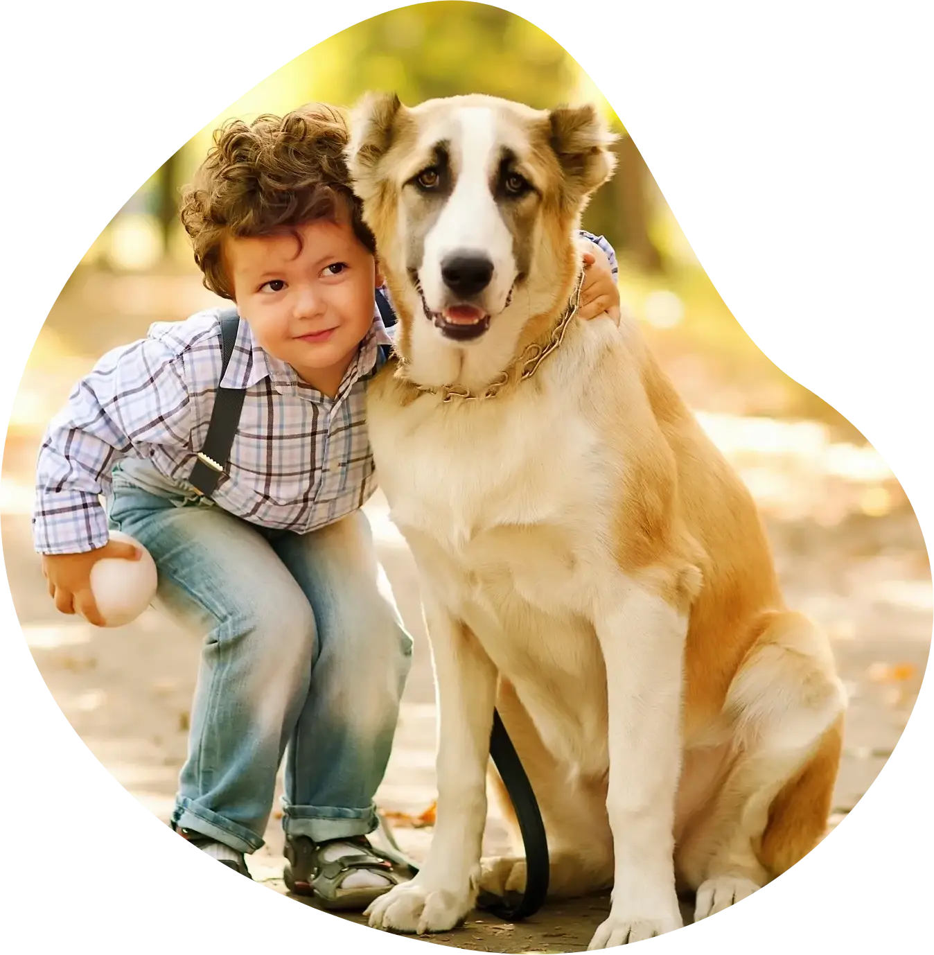 a boy holding a big dog