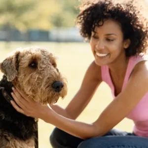 a woman petting a dog